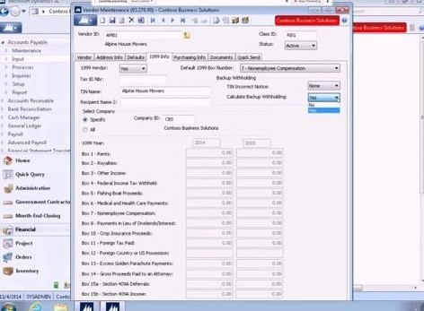 1099 Vendor Backup Withholdings | Microsoft Dynamics SL (Solomon) 2015